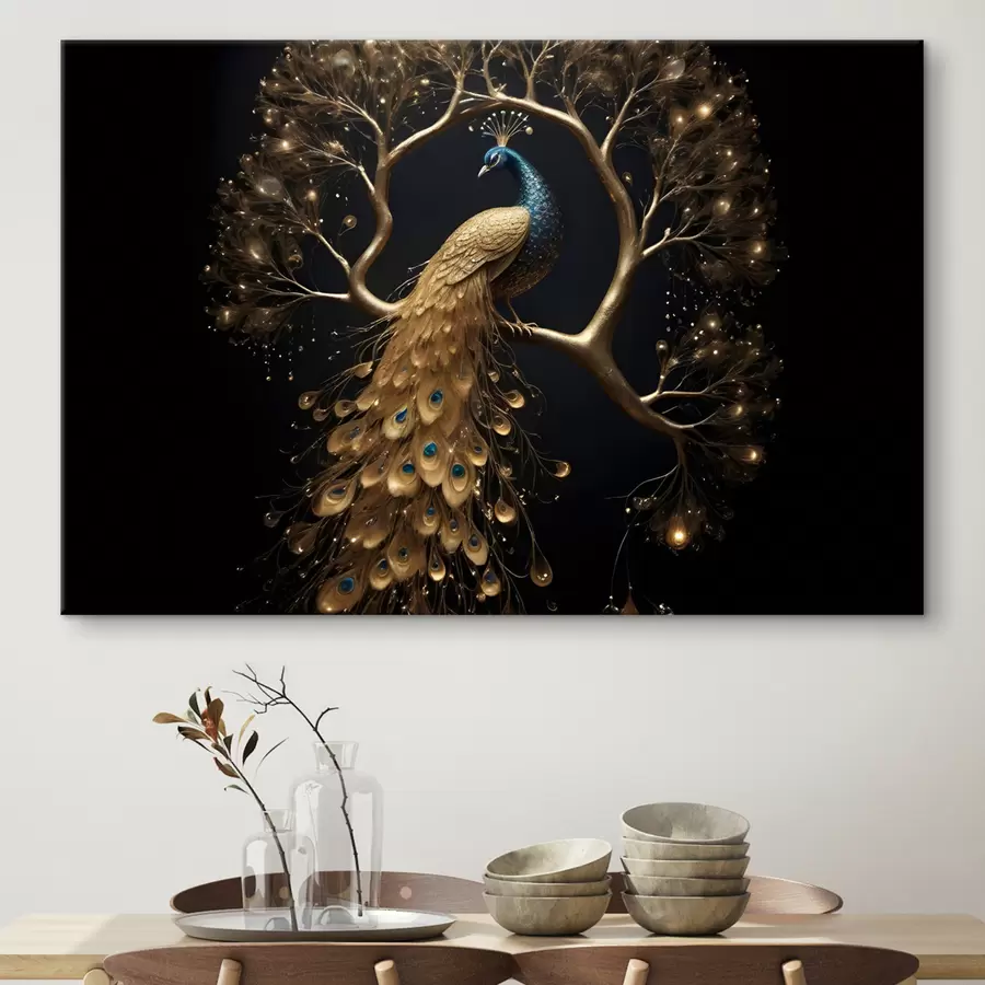 murales de pared Un pavo real con vibrantes plumas posado en una rama sobre un fondo oscuro con árboles resplandecientes s40612