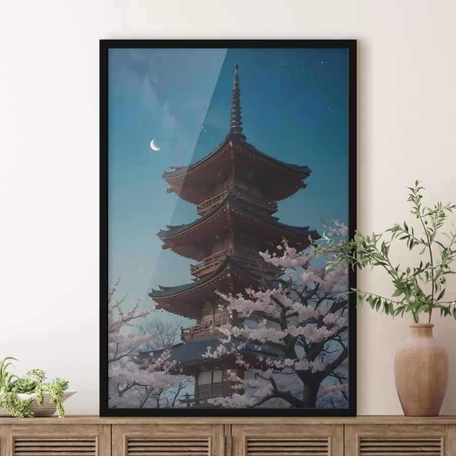 murales de pared Una pagoda tradicional japonesa con una luna creciente en el cielo y cerezos en flor f40586