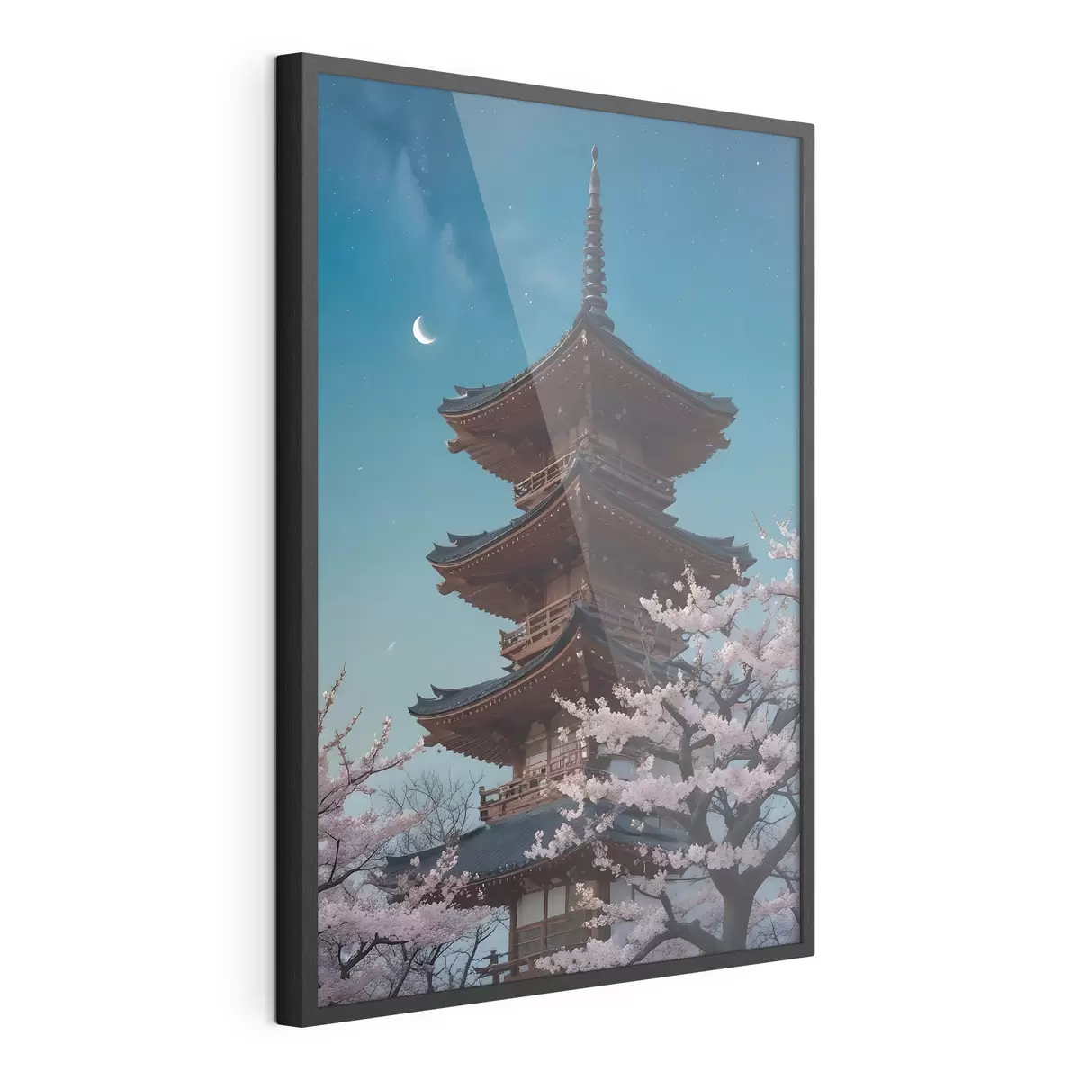 Poster Una pagoda tradicional japonesa con una luna creciente en el cielo y cerezos en flor f40586
