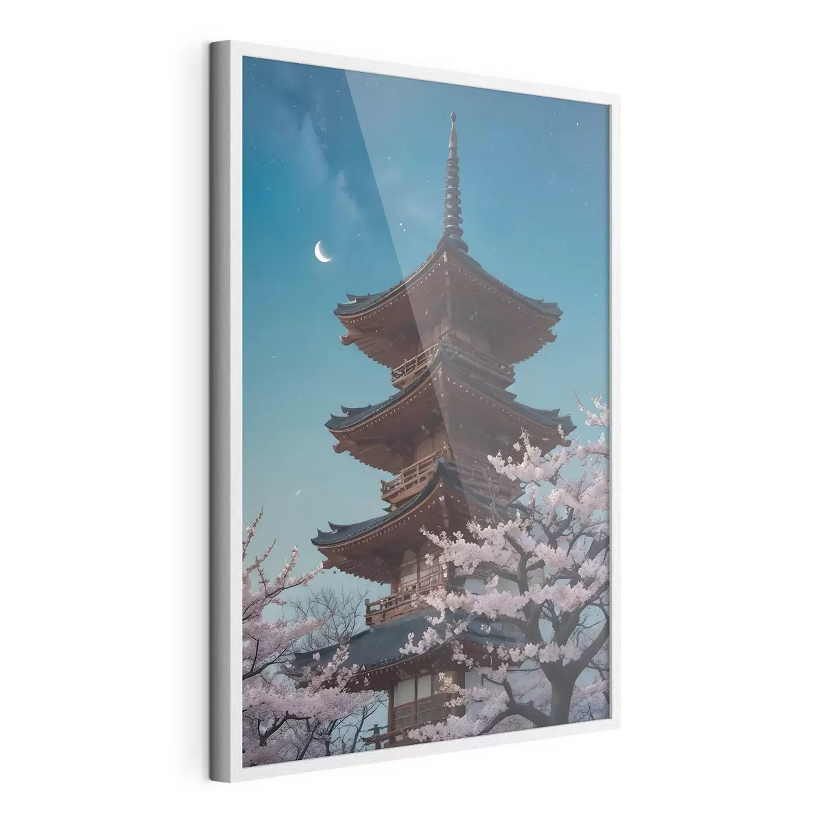 Poster Una pagoda tradicional japonesa con una luna creciente en el cielo y cerezos en flor f40586