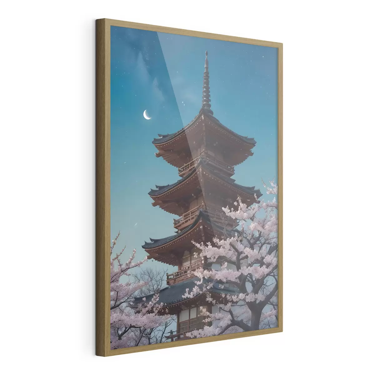 Poster Una pagoda tradicional japonesa con una luna creciente en el cielo y cerezos en flor f40586