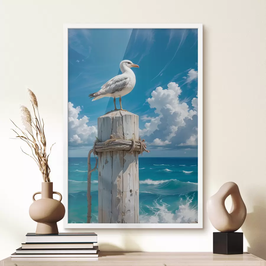 murales de pared Una gaviota blanca posada en un poste de madera contra un cielo azul brillante y un océano con olas f40590