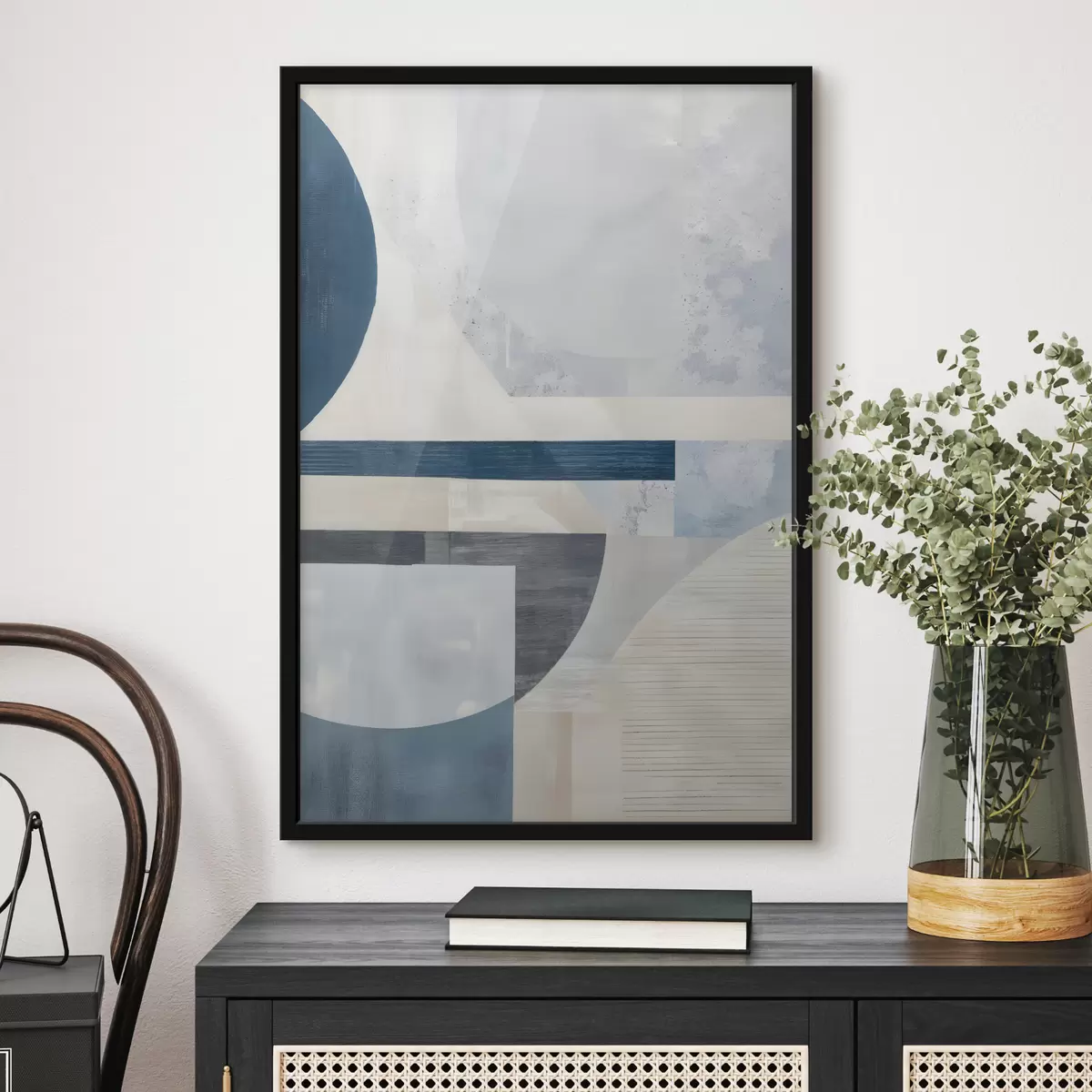 Poster Una abstracción minimalista con formas geométricas y texturas en tonos azules, grises y blancos f40596