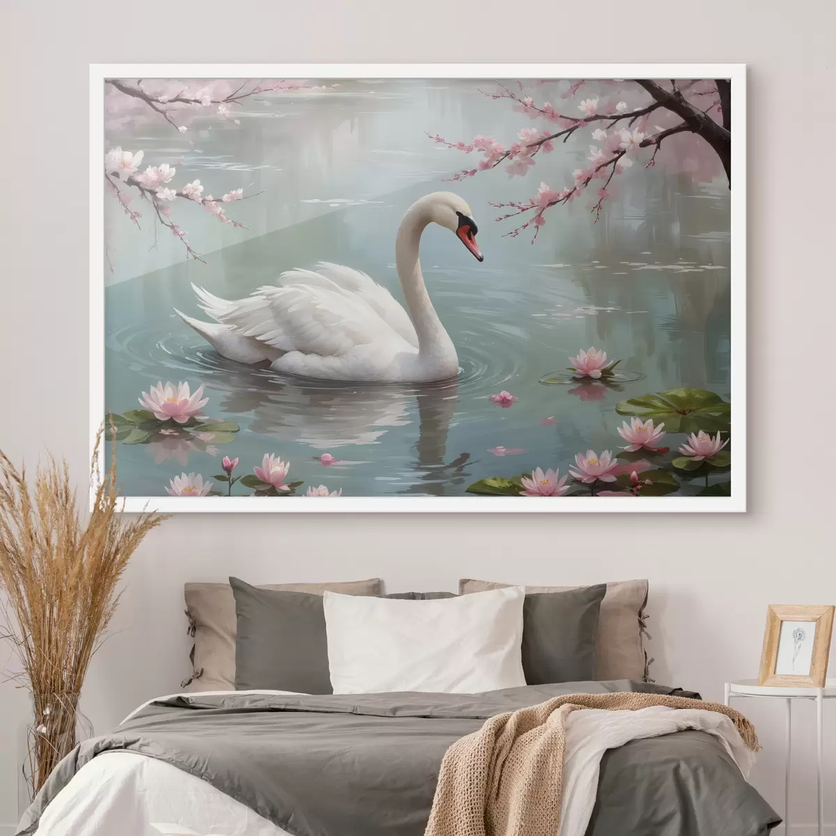 Poster Un elegante cisne blanco nadando en un sereno estanque rodeado de cerezos rosas en flor f40597