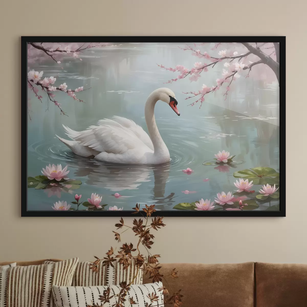 Poster Un elegante cisne blanco nadando en un sereno estanque rodeado de cerezos rosas en flor f40597