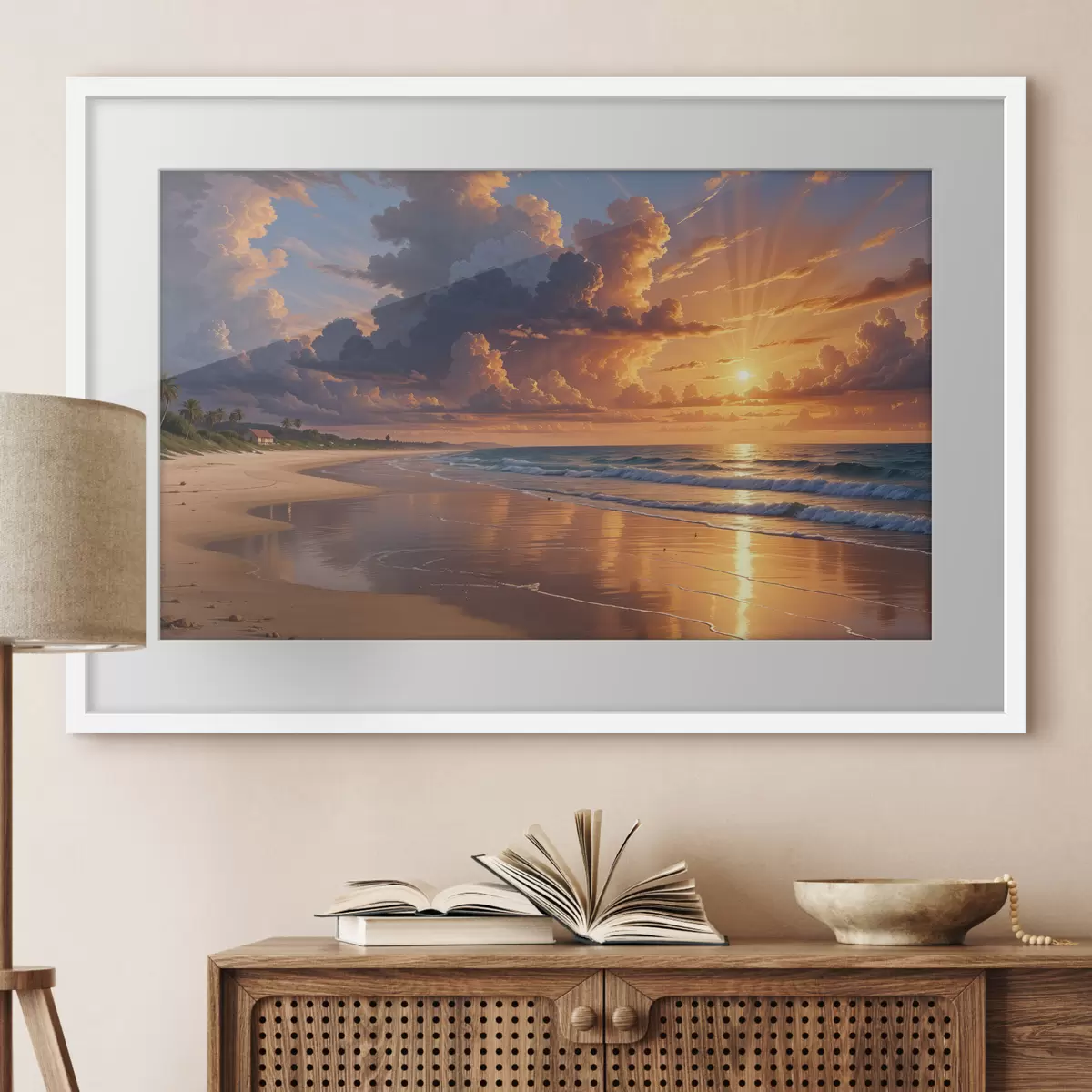 Poster Una dramática puesta de sol sobre una playa tropical, con vibrantes nubes naranjas y rosas reflejadas en las tranquilas aguas f40599