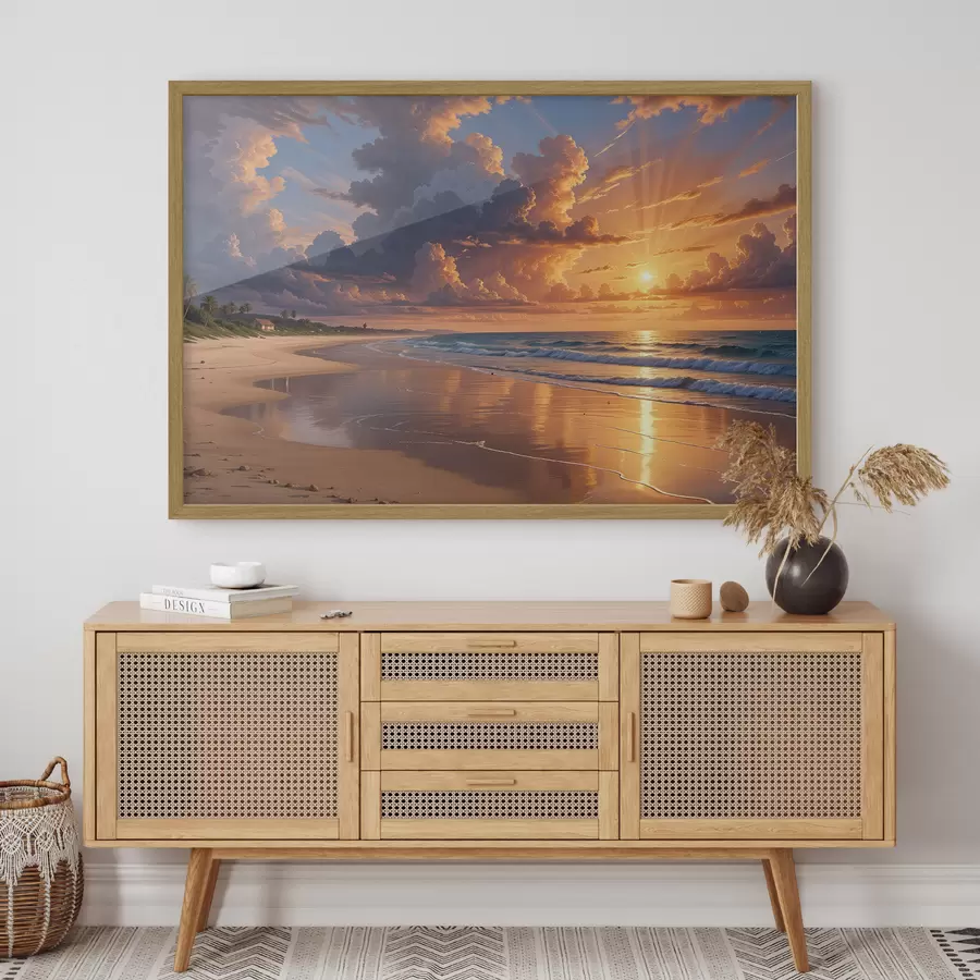 murales de pared Una dramática puesta de sol sobre una playa tropical, con vibrantes nubes naranjas y rosas reflejadas en las tranquilas aguas f40599
