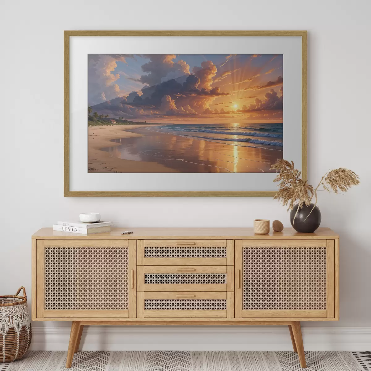 Poster Una dramática puesta de sol sobre una playa tropical, con vibrantes nubes naranjas y rosas reflejadas en las tranquilas aguas f40599