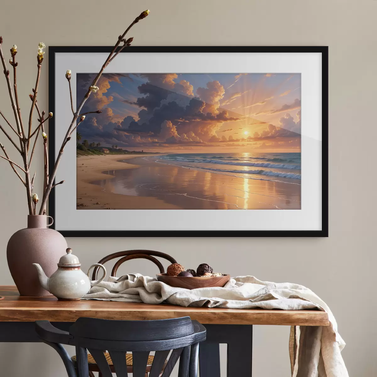 Poster Una dramática puesta de sol sobre una playa tropical, con vibrantes nubes naranjas y rosas reflejadas en las tranquilas aguas f40599