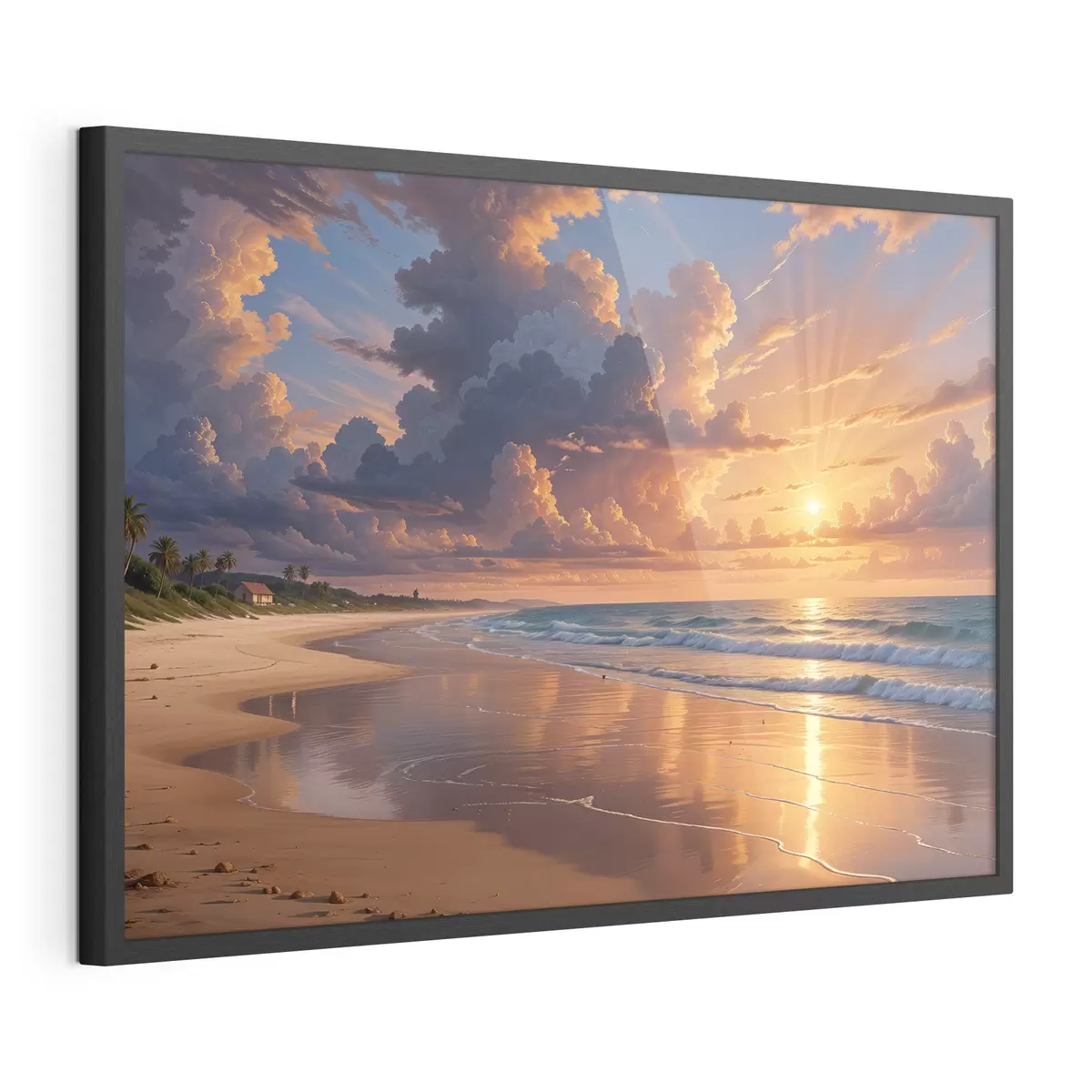 Poster Una dramática puesta de sol sobre una playa tropical, con vibrantes nubes naranjas y rosas reflejadas en las tranquilas aguas f40599