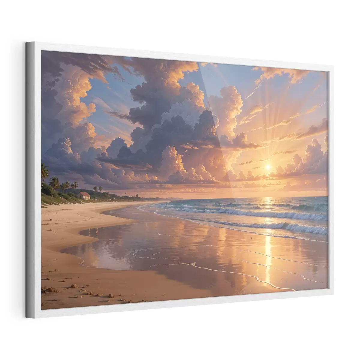 Poster Una dramática puesta de sol sobre una playa tropical, con vibrantes nubes naranjas y rosas reflejadas en las tranquilas aguas f40599