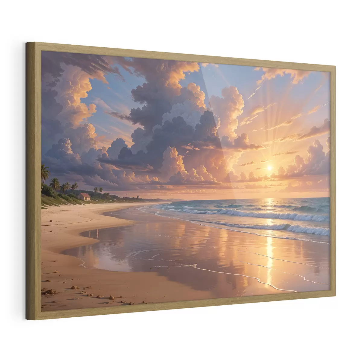 Poster Una dramática puesta de sol sobre una playa tropical, con vibrantes nubes naranjas y rosas reflejadas en las tranquilas aguas f40599
