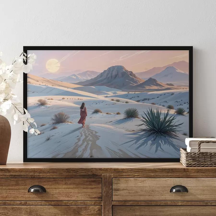 murales de pared Una mujer con vestido rojo en un paisaje desértico con una montaña al fondo y dunas de arena f40603