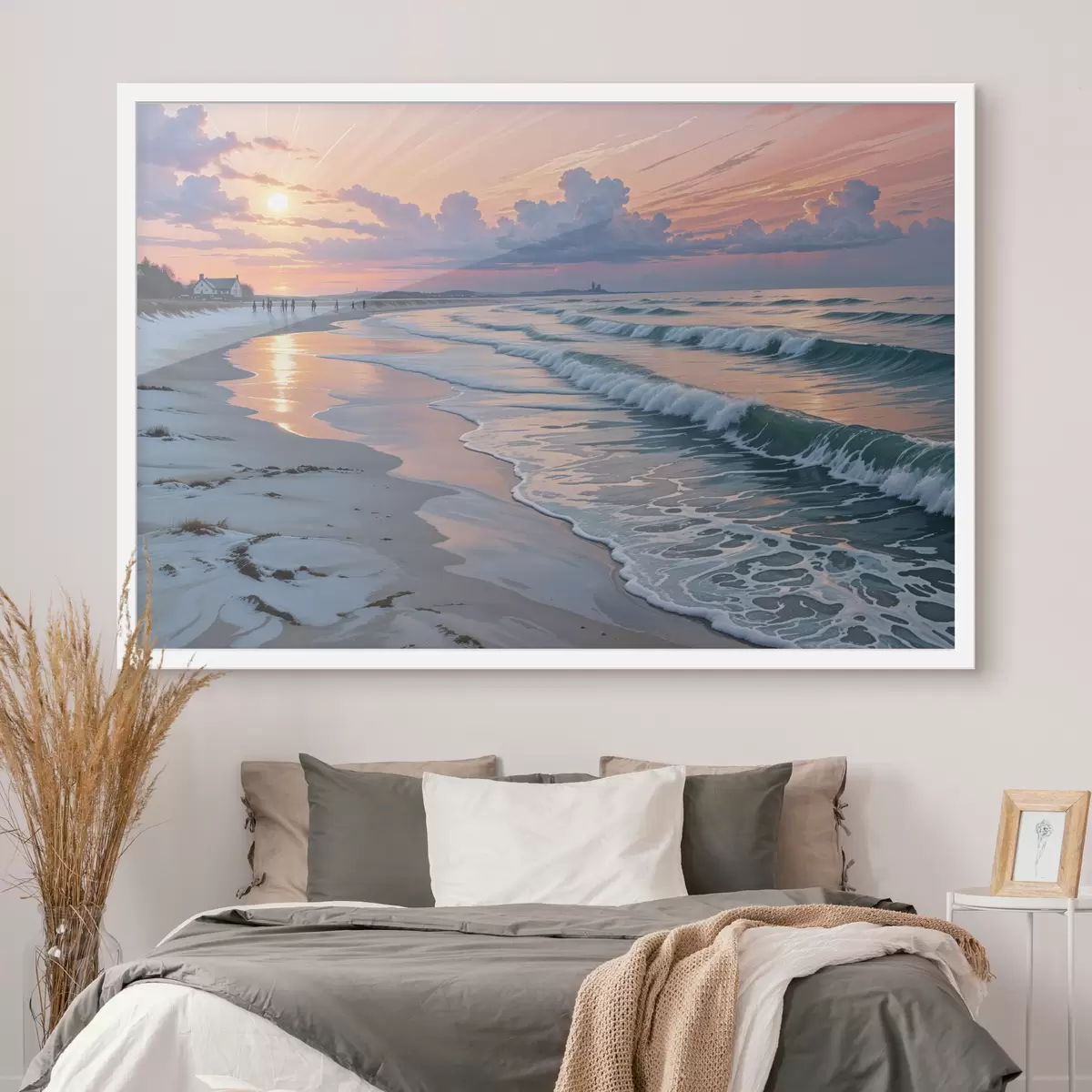 Poster Una serena escena playera al atardecer, con suaves olas rompiendo contra la arena de la orilla f40606