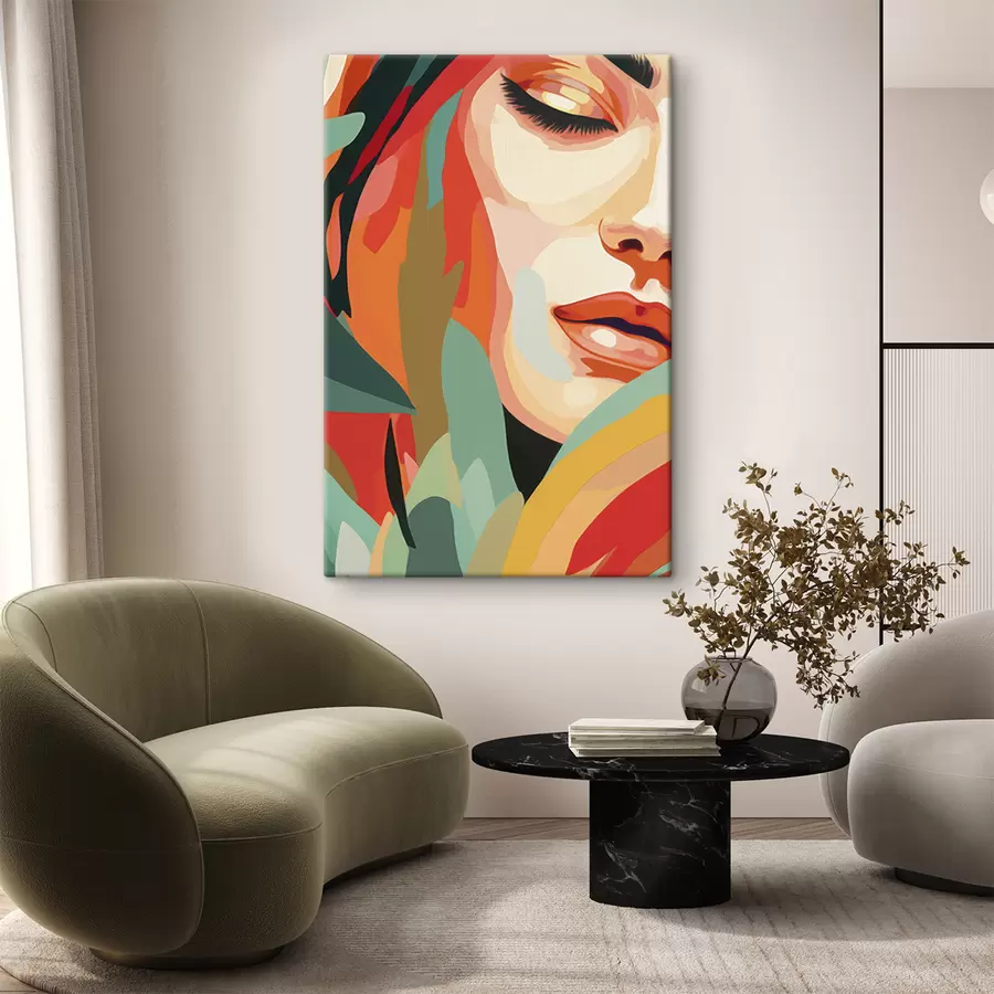 murales de pared Hermoso rostro de mujer, abstracción geométrica, floral, dibujo acrílico s40815