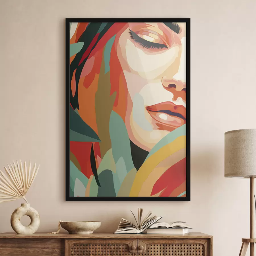 murales de pared Hermoso rostro de mujer, abstracción geométrica, floral, dibujo acrílico f40815