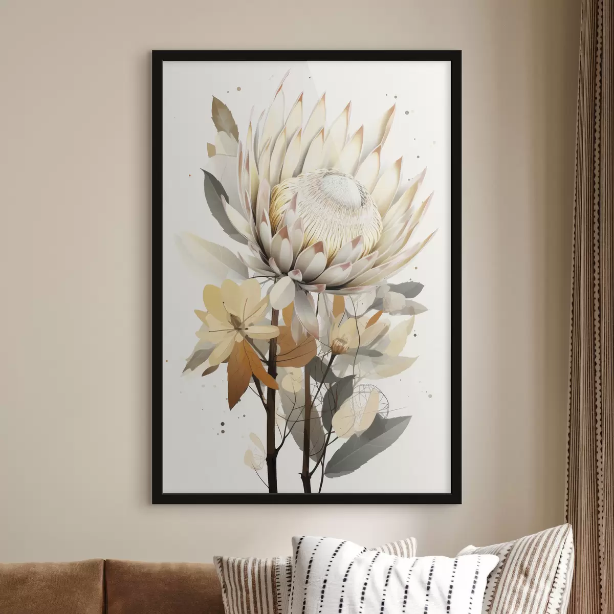 Poster Hermosas flores de protea con exuberantes hojas, suaves colores beige, algodón f40817
