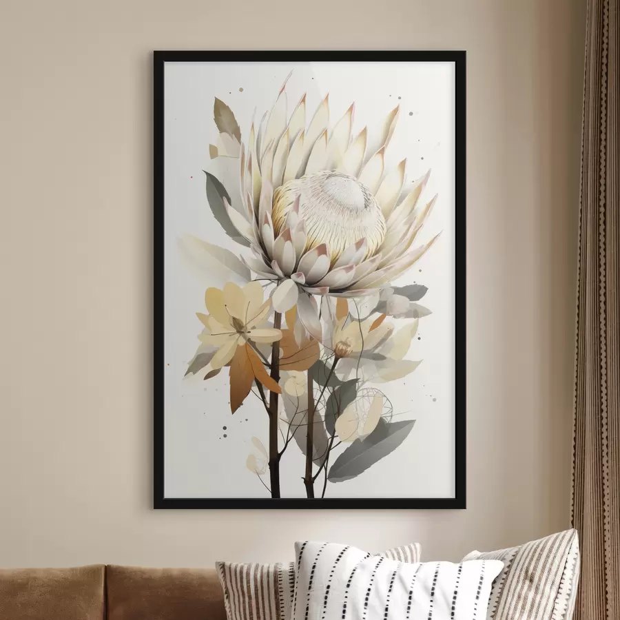 murales de pared Hermosas flores de protea con exuberantes hojas, suaves colores beige, algodón f40817