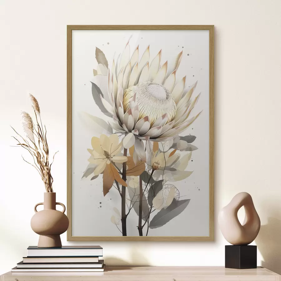 murales de pared Hermosas flores de protea con exuberantes hojas, suaves colores beige, algodón f40817