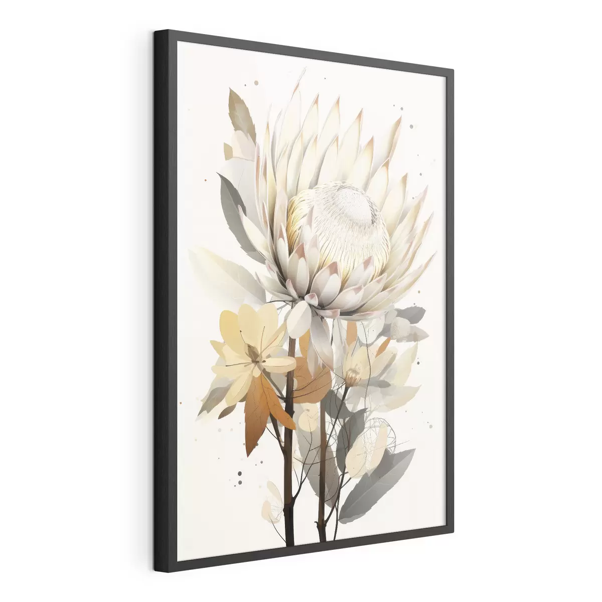 Poster Hermosas flores de protea con exuberantes hojas, suaves colores beige, algodón f40817