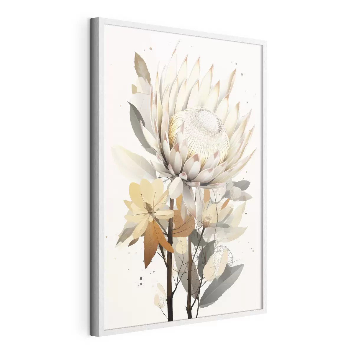 Poster Hermosas flores de protea con exuberantes hojas, suaves colores beige, algodón f40817
