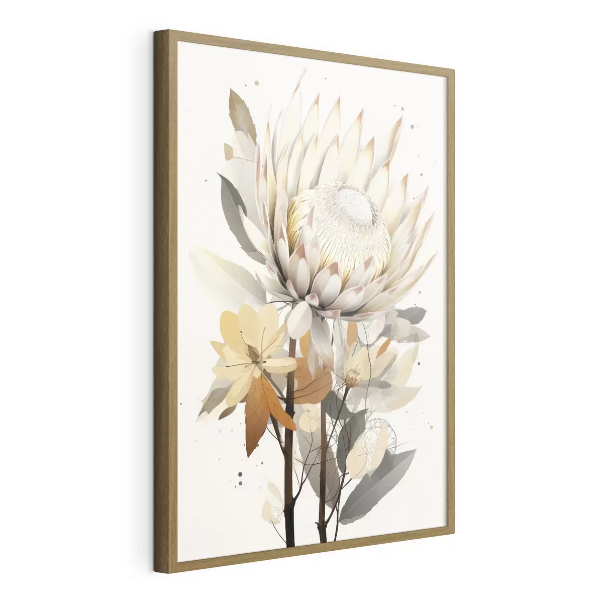 Poster Hermosas flores de protea con exuberantes hojas, suaves colores beige, algodón f40817