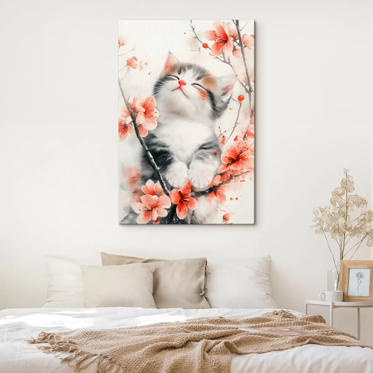 murales de pared Lindo gatito en una rama con flores s40734