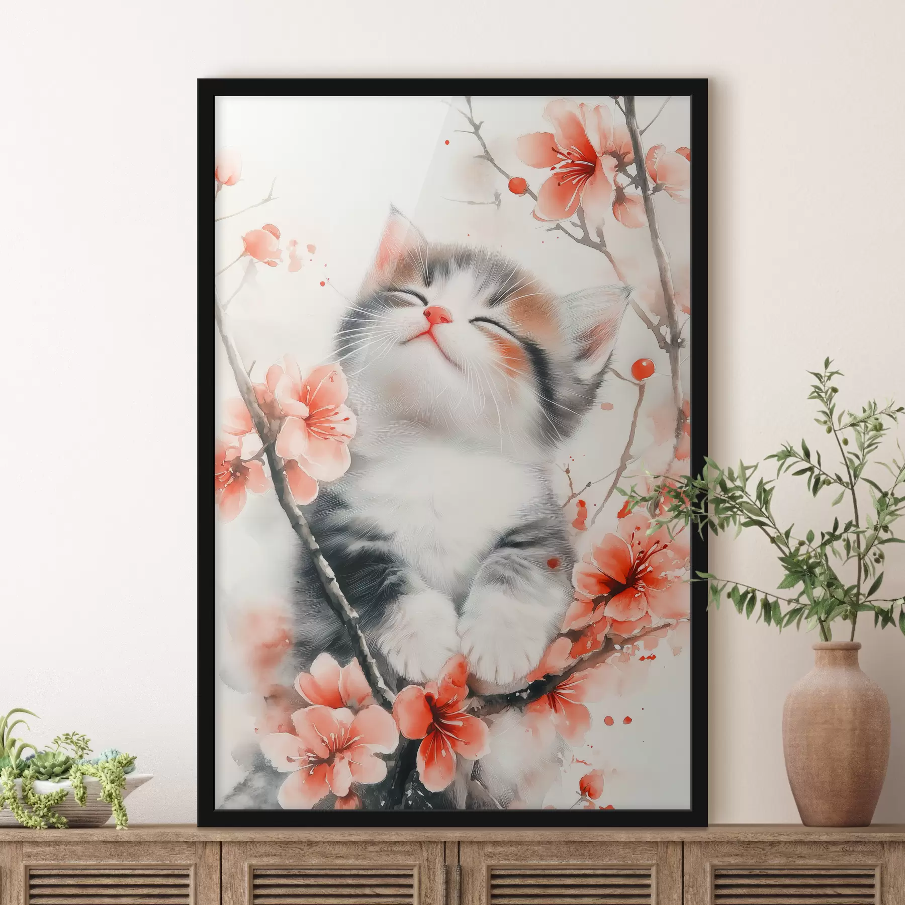 murales de pared Lindo gatito en una rama con flores f40734