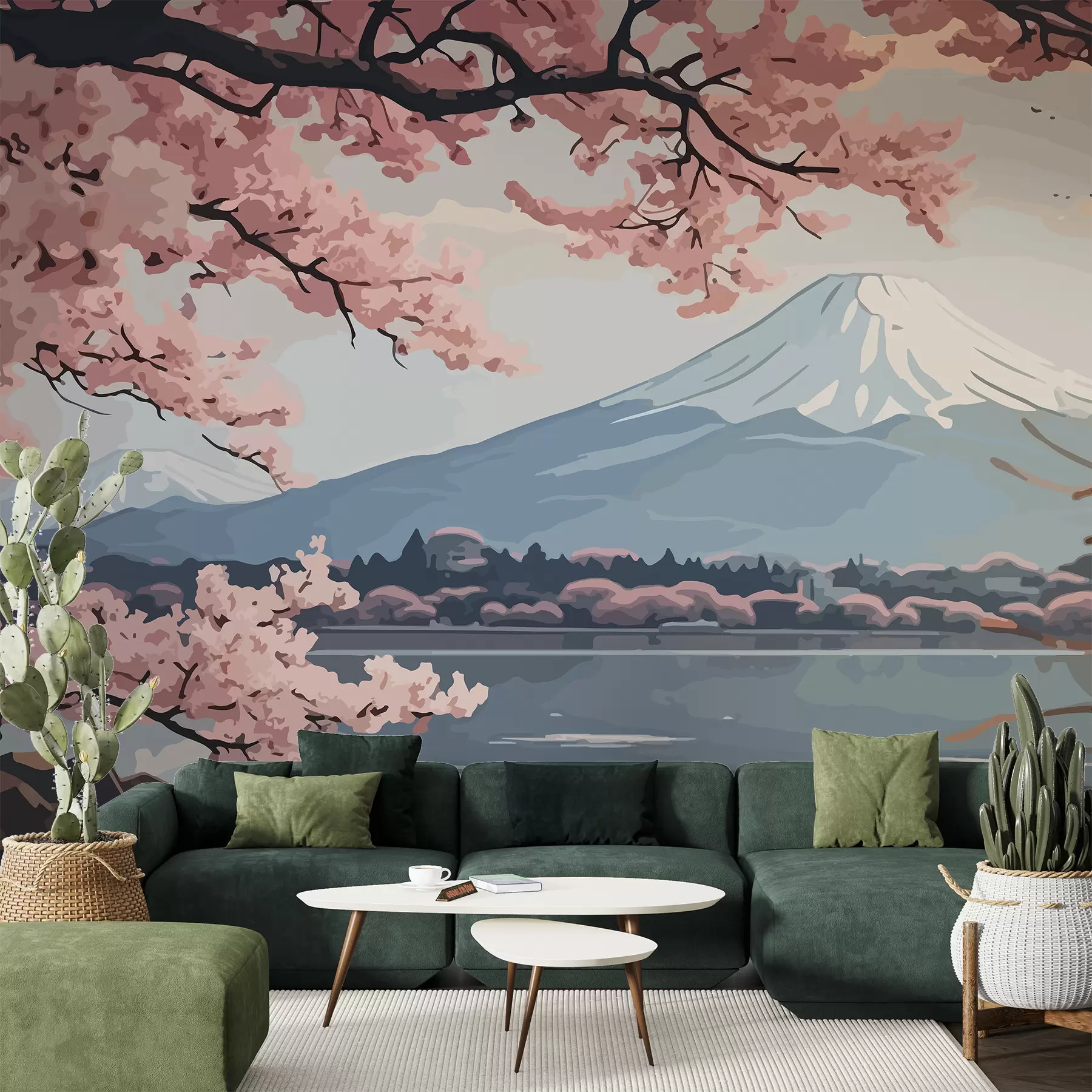 murales de pared Sakura, montañas, acuarela w01664
