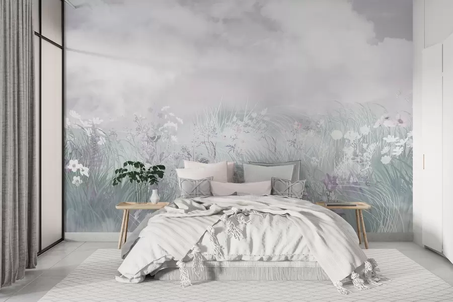 murales de pared Flores silvestres y hierbas con cielo rosado y nubes w01624v1