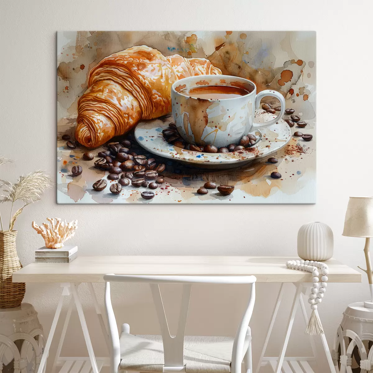 murales de pared Croissant, mañana, croissant y taza de café, acuarela s40782
