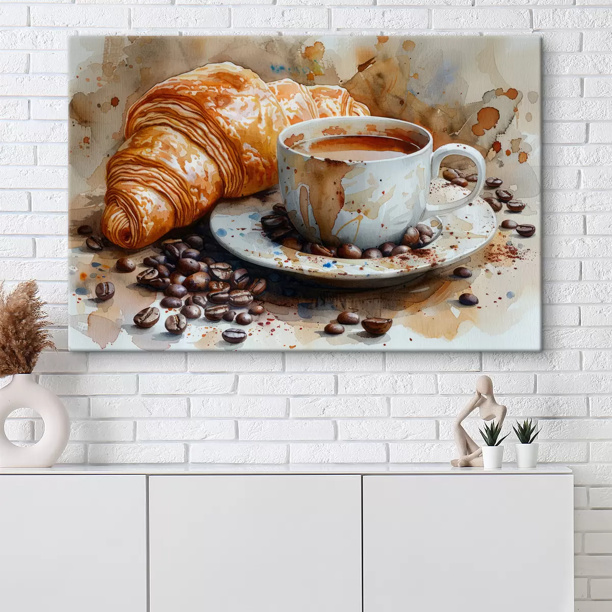 murales de pared Croissant, mañana, croissant y taza de café, acuarela s40782