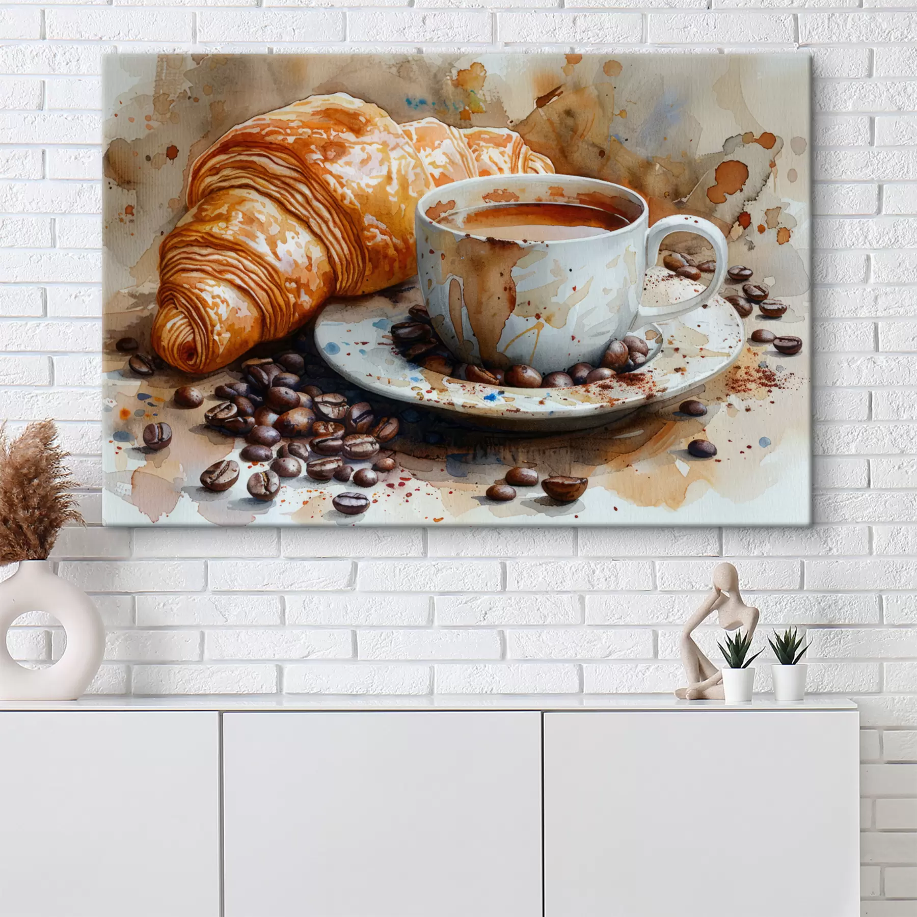 murales de pared Croissant, mañana, croissant y taza de café, acuarela s40782