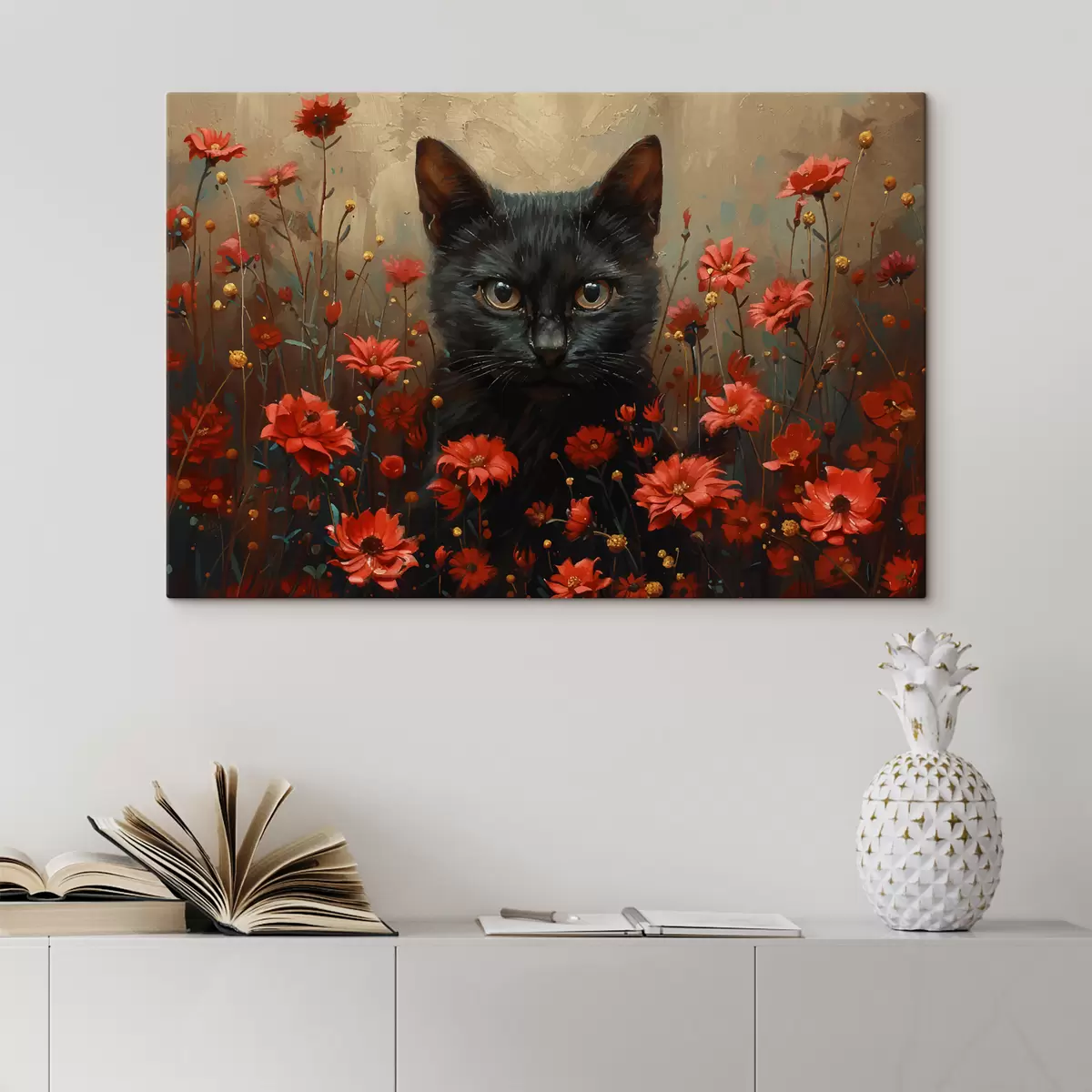 murales de pared Gato, flores, gato negro s40839