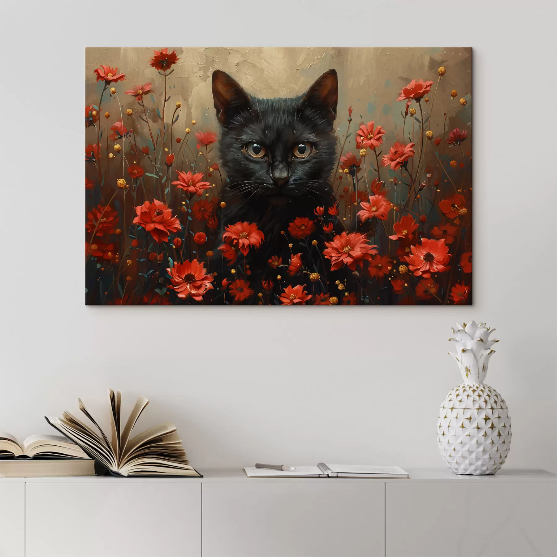 murales de pared Gato, flores, gato negro s40839