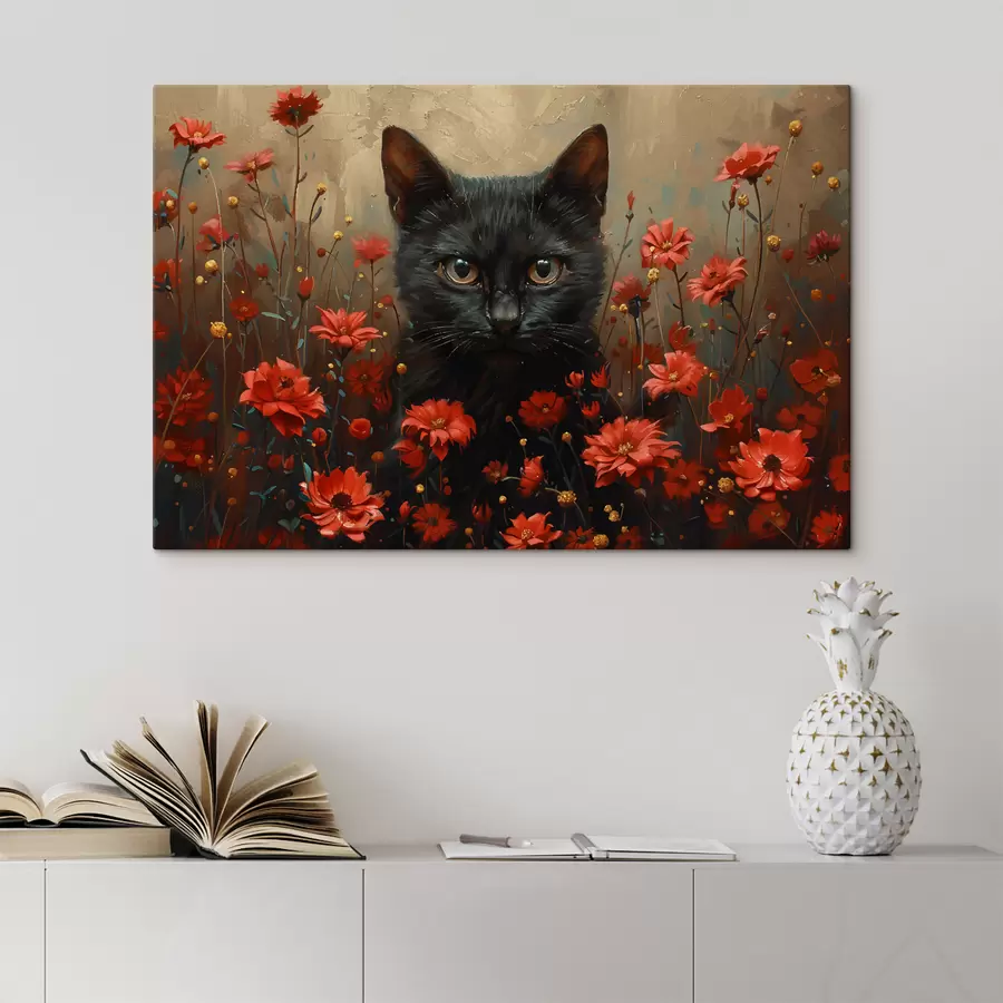murales de pared Gato, flores, gato negro s40839