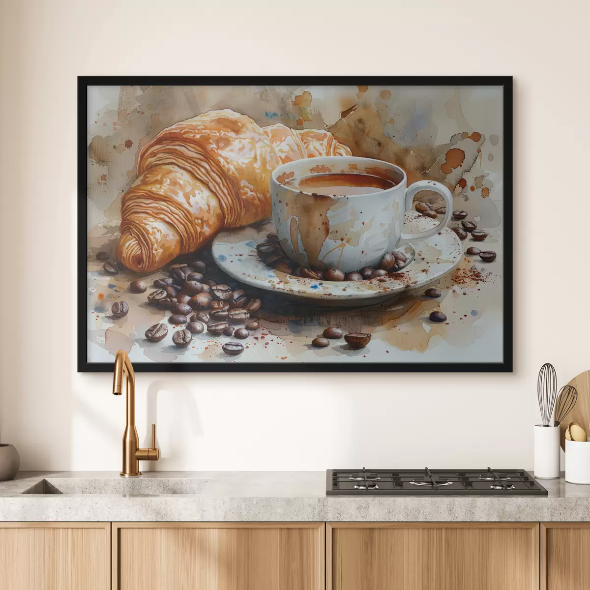 Poster Croissant, mañana, croissant y taza de café, acuarela f40782