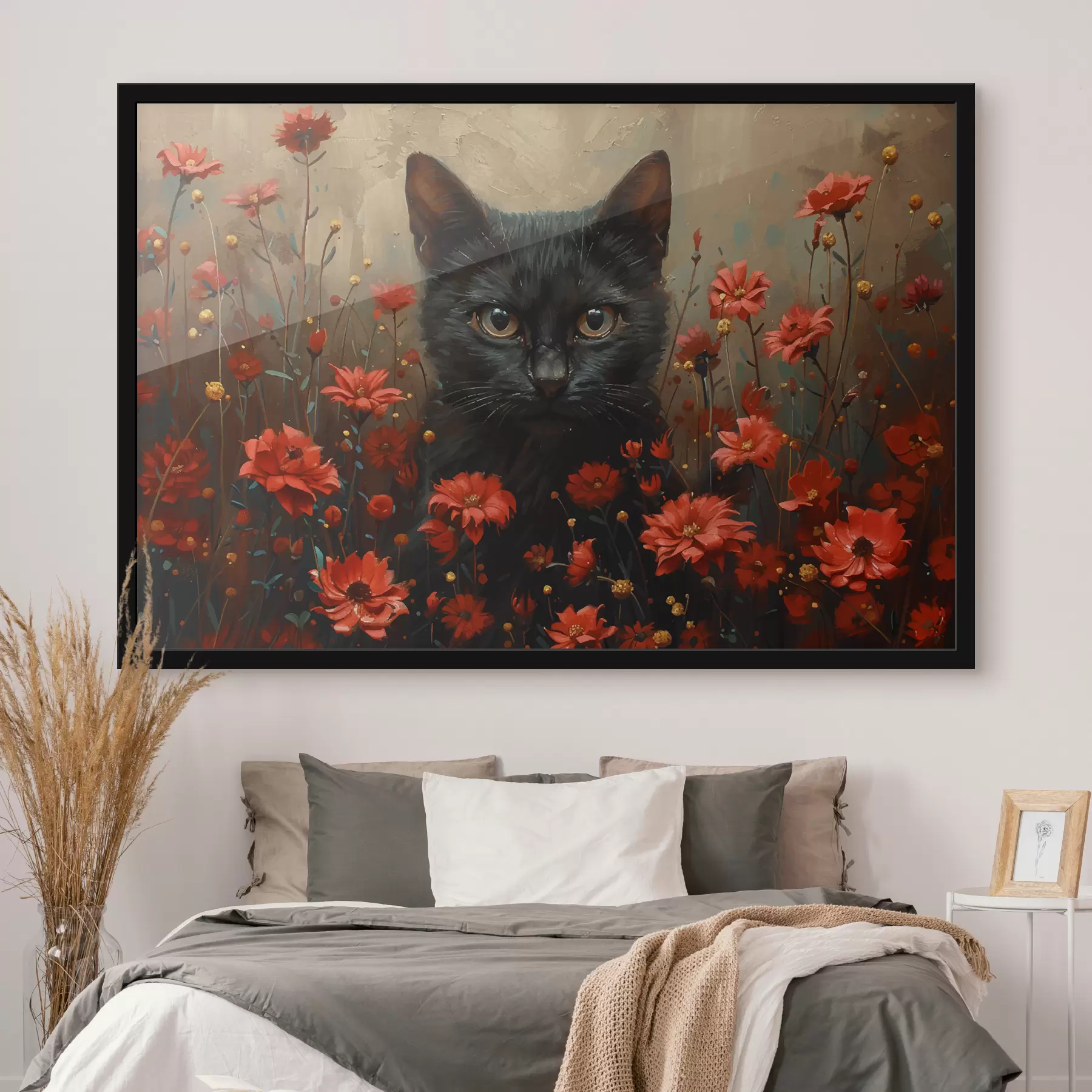 murales de pared Gato, flores, gato negro f40839