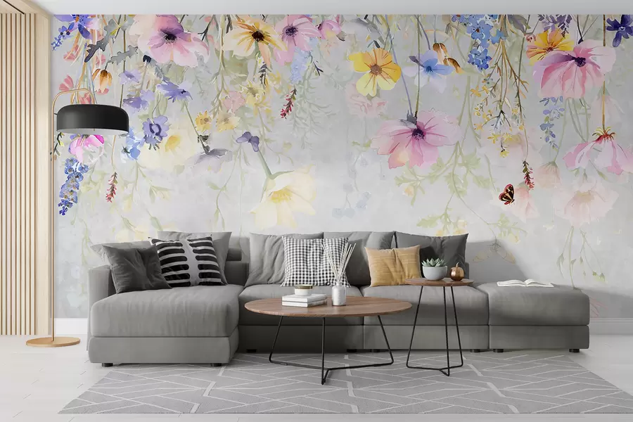 murales de pared Flores de colores con flores rosas, amarillas y azules que cuelgan de la parte superior sobre fondo gris texturizado w08309