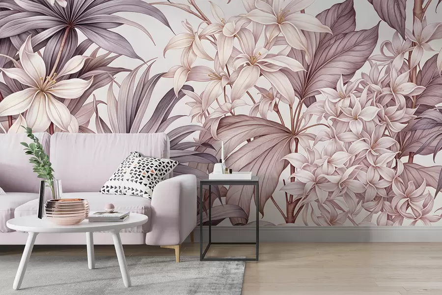 murales de pared Estampado floral tropical con grandes flores blancas y rosa claro, hojas de bordo y fondo neutro w08318v1