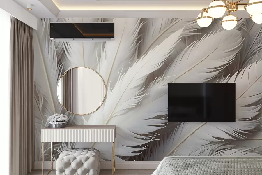 murales de pared Suaves y esponjosas plumas blancas con una delicada textura ondulada sobre un fondo claro w08319