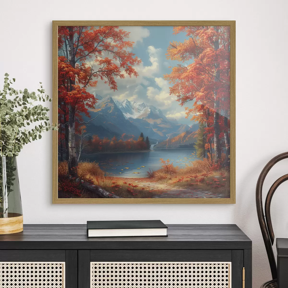 Poster Paisaje otoñal con montañas de fondo cerca de un estanque f40903