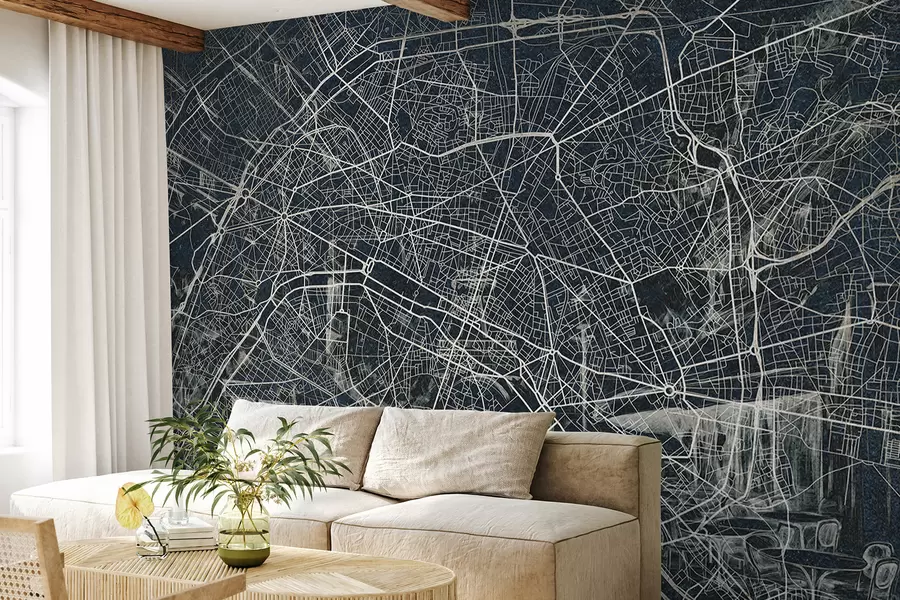 murales de pared Mapa de la ciudad de París, dibujo lineal, arquitectura, Francia, colores oscuros w01697v1