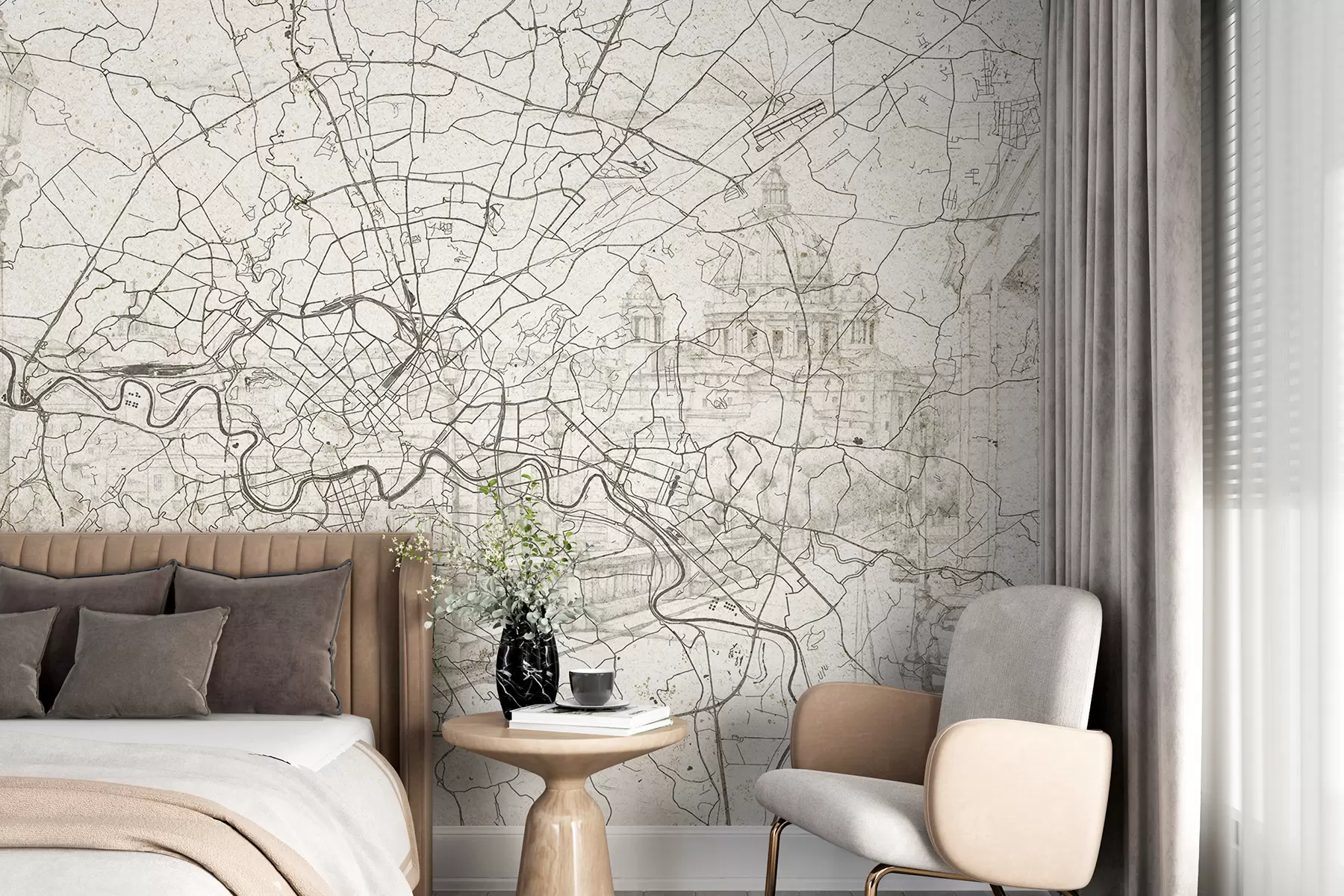 murales de pared Mapa de la ciudad de Roma, dibujo lineal, arquitectura, Italia, colores beige w01698