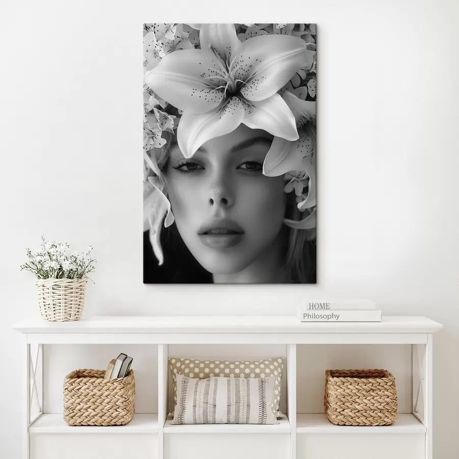 murales de pared Grandes lirios blancos y la cara de una niña s40937