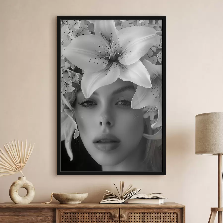 murales de pared Grandes lirios blancos y la cara de una niña f40937