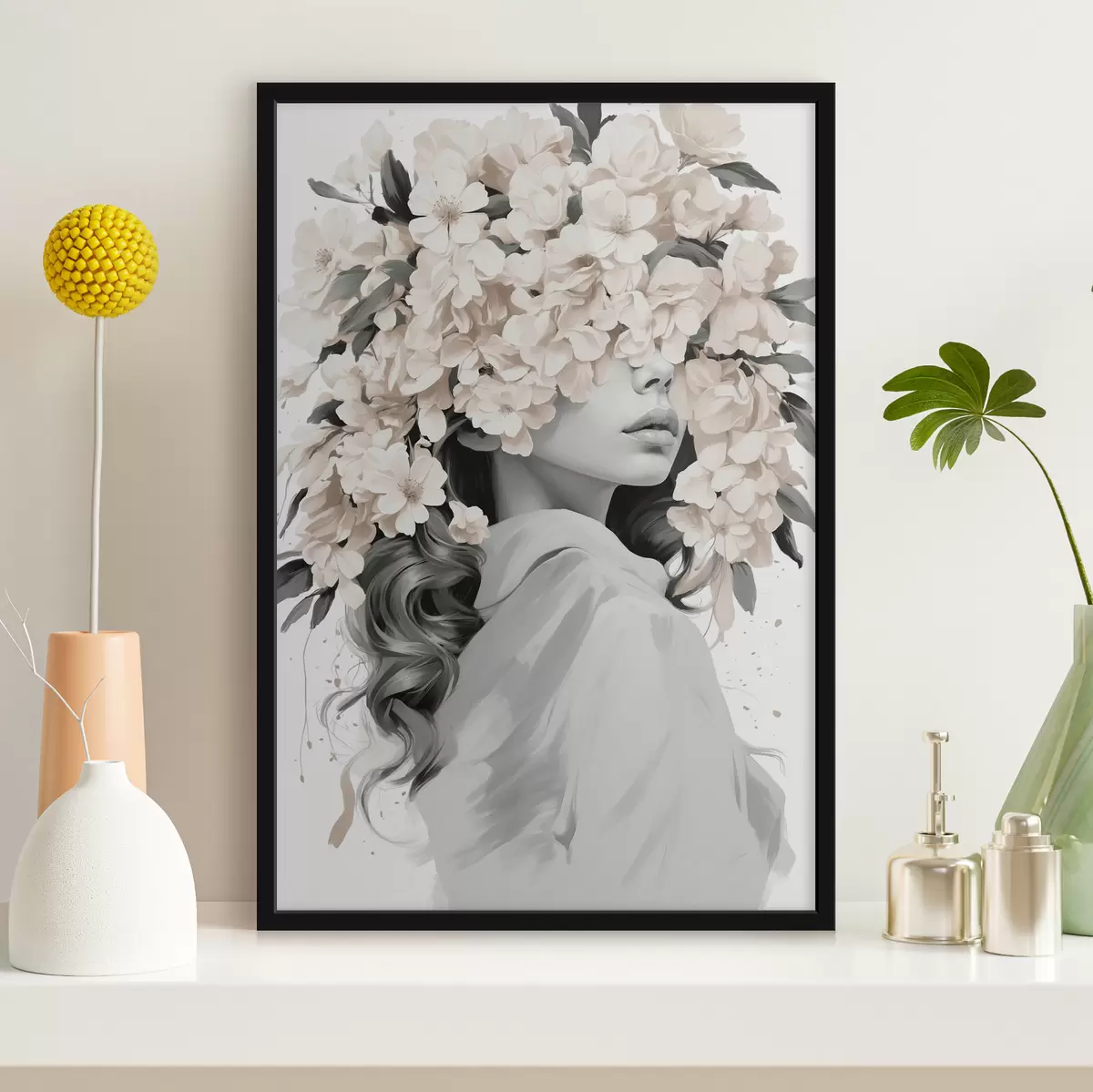 Poster Chica con flores en la cara en colores blanco y negro f40849