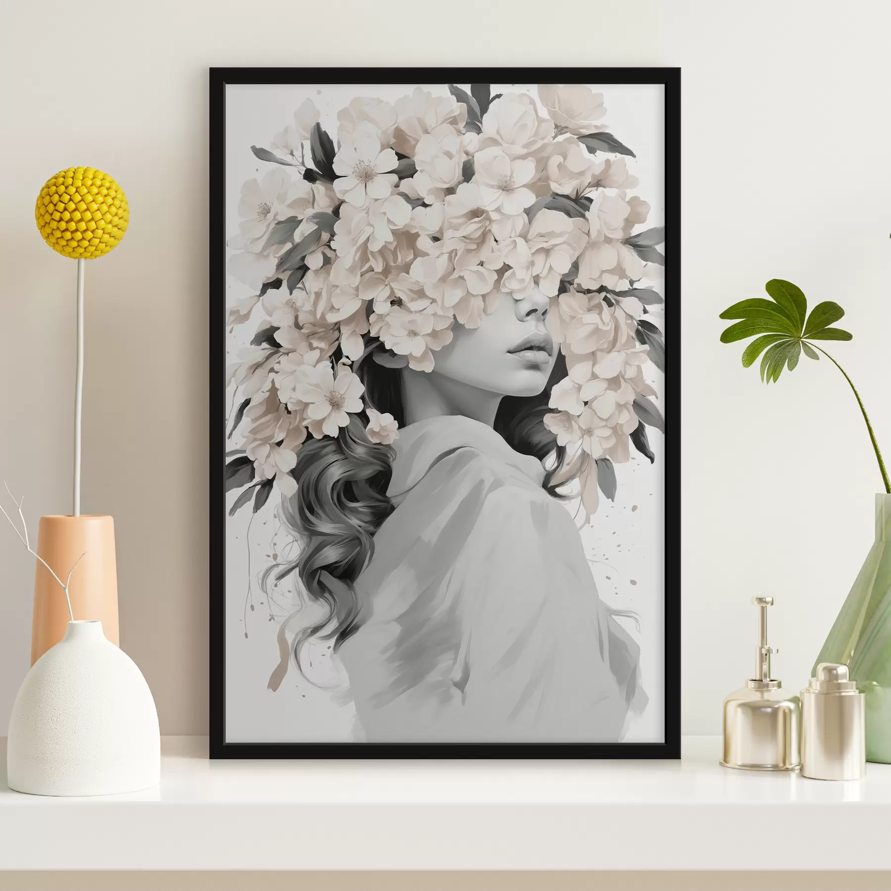 murales de pared Chica con flores en la cara en colores blanco y negro f40849