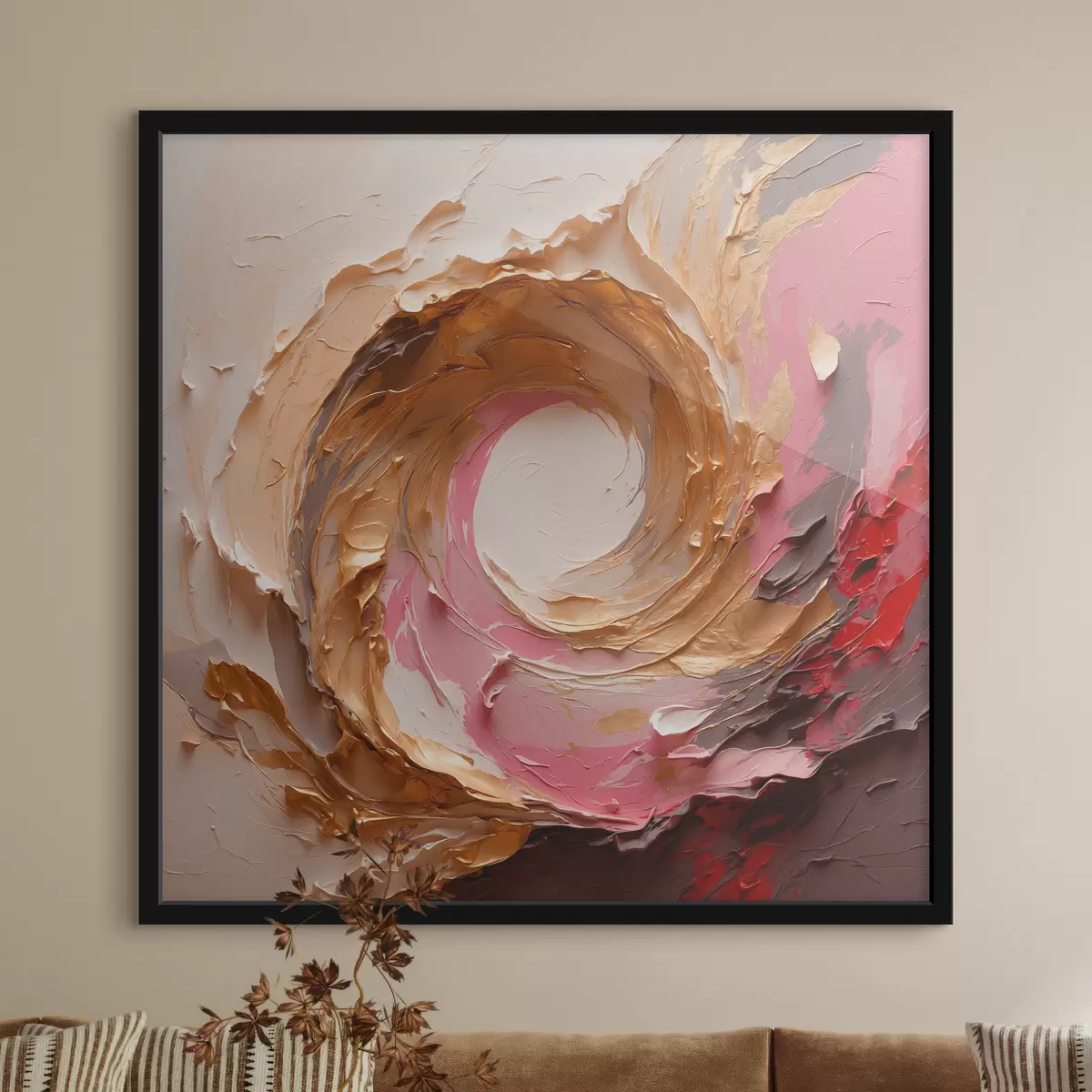 Poster Pintura al óleo abstracta con remolino rosa y amarillo f40863