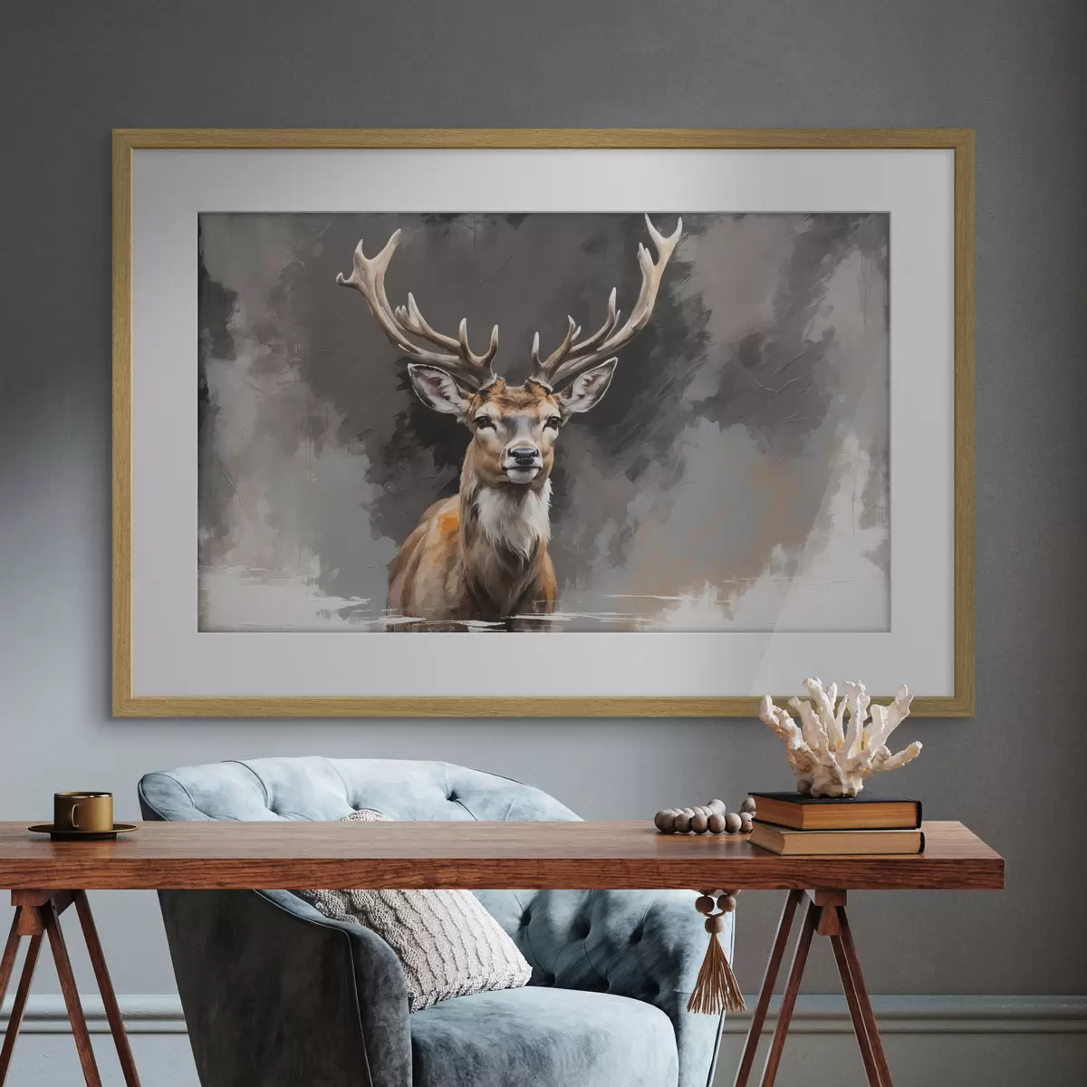 Poster Ciervo sobre fondo gris-negro f40865